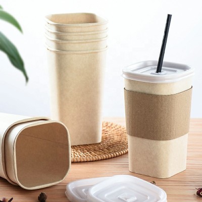 Food grade paper square mouth paper cup with lid and sleeve and straw