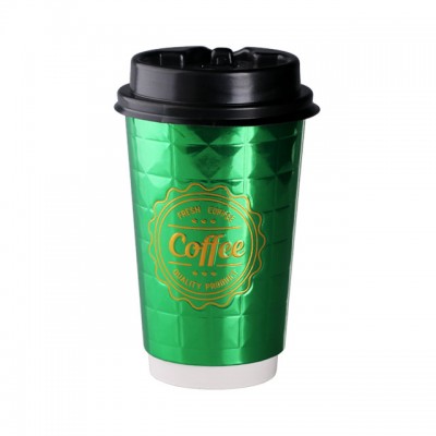 12OZ Shining Embossing double wall insulated coffee hot drink paper cups with lids