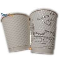 10-12 oz  customized Bio-degradable  PLA  ripple wall white  paper cup with lid